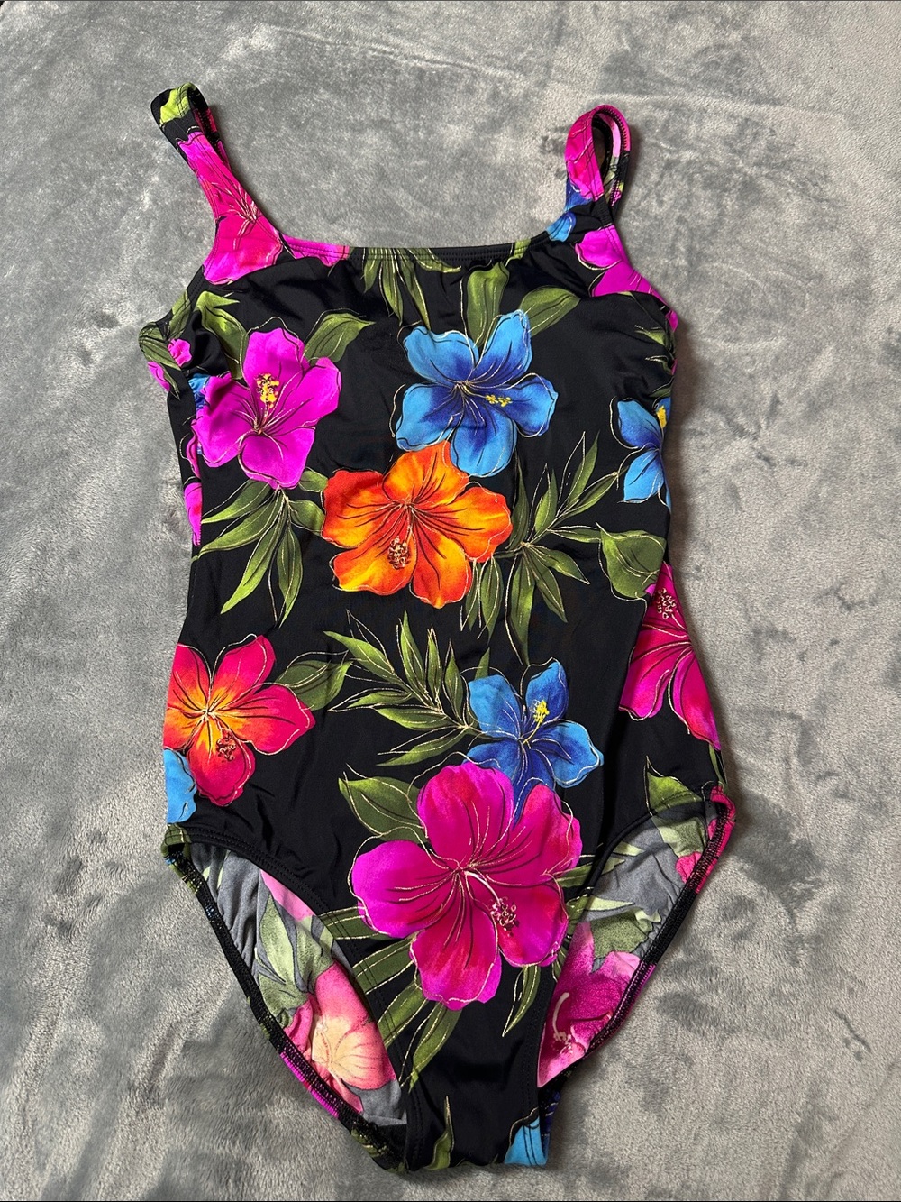 EUC Great Lengths Floral 🌸 One-Piece Swimsuit - Black Sz 14 TROPICAL 🏝️